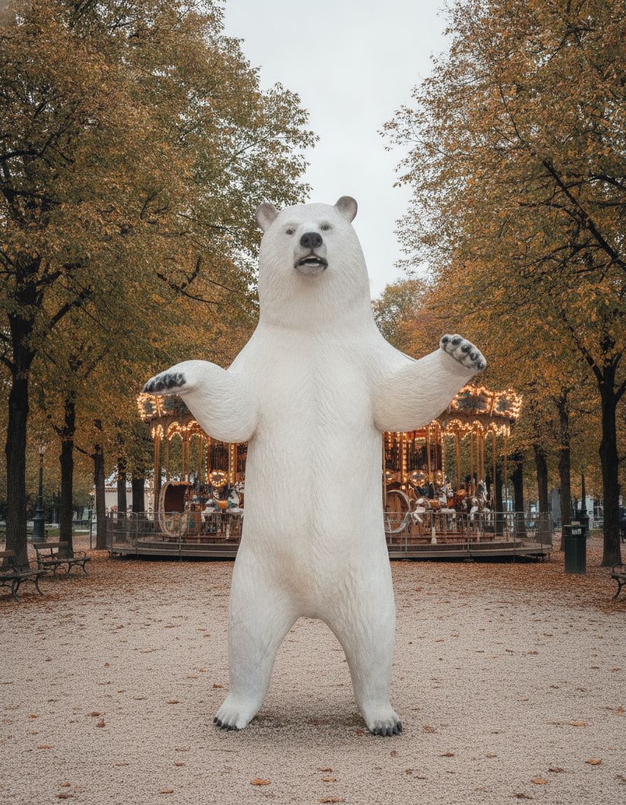 Weiße XXL Eisbär Skulptur in einem Park neben einem historischen Karussell von Casa Padrino