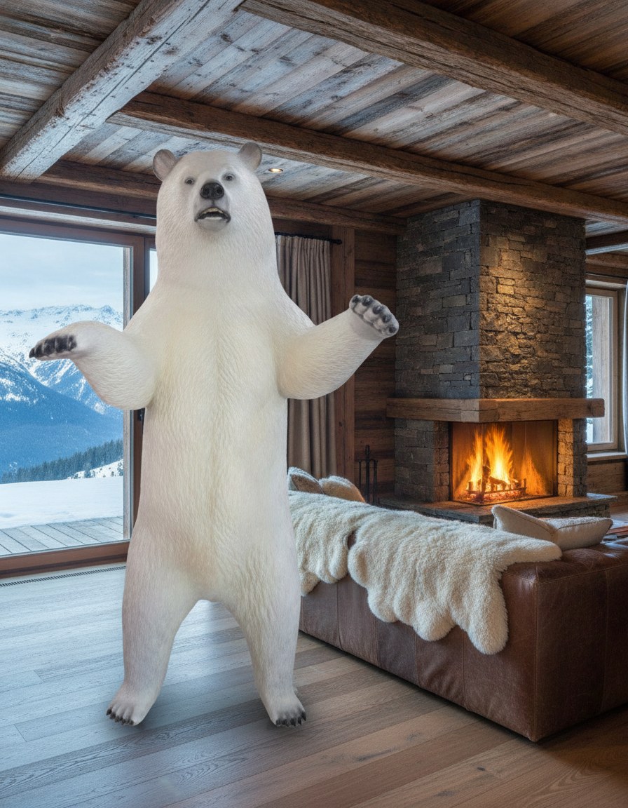Weiße Eisbär Skulptur in einer alpinen Skihütte mit Kamin von Casa Padrino