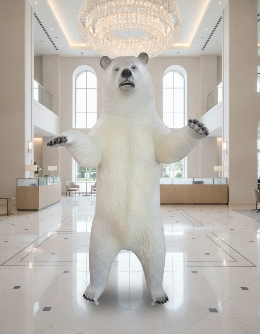 Weiße Eisbär Skulptur XXL in der Lobby eines Luxushotels von Casa Padrino