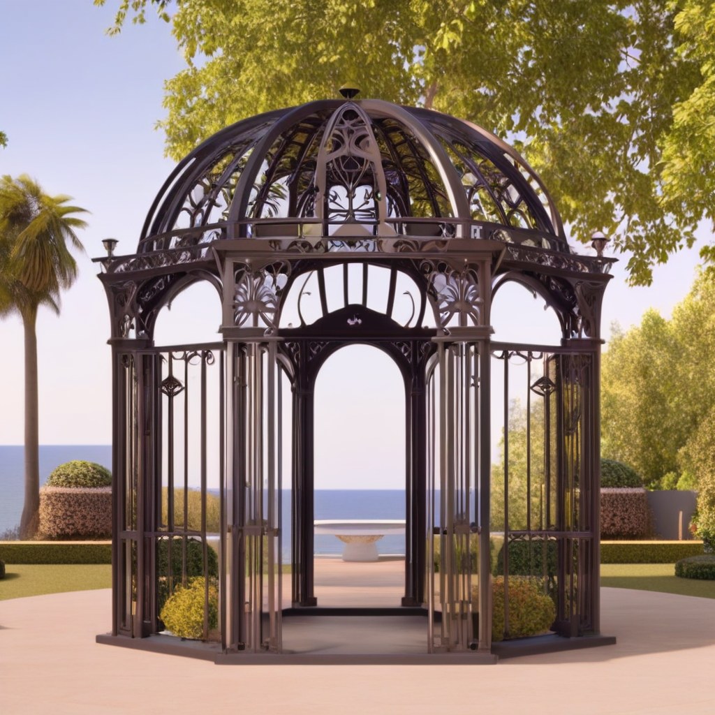 Prunkvoller Jugendstil Gartenpavillon aus Schmiedeeisen im herrschaftlichen Luxusgarten von Casa Padrino