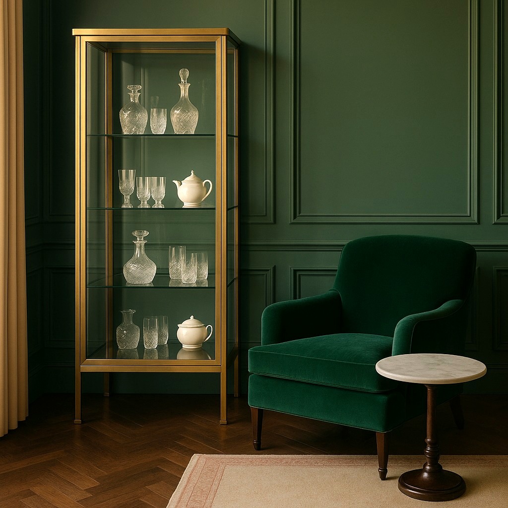 Glasvitrine mit goldenem Messinggestell in einer eleganten Bibliothek von Casa Padrino