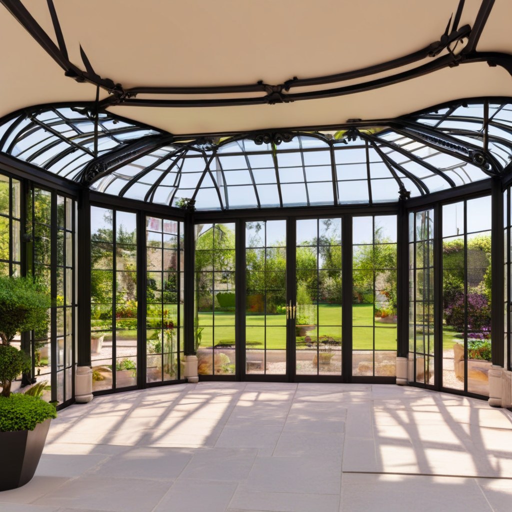 Elegantes Jugendstil Gewächshaus als Orangerie im Garten neben einem Gartenpavillon von Casa Padrino