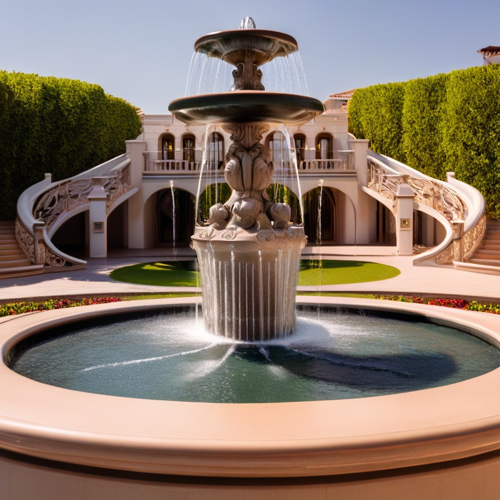 Eleganter Jugendstil Springbrunnen mit Wasserdüsenring vor einem Luxushotel von Casa Padrino