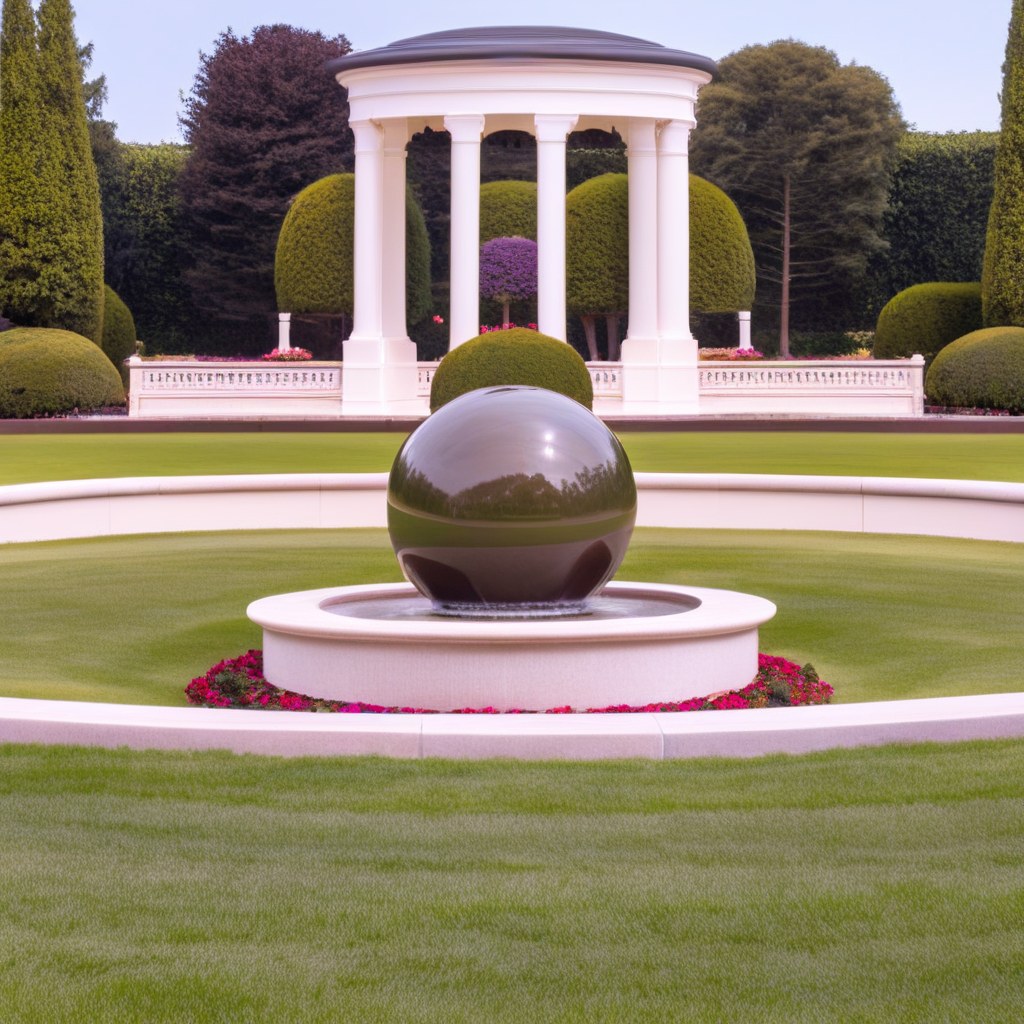 Moderner Kugelbrunnen aus Stein in einer gepflegten Parkanlage von Casa Padrino