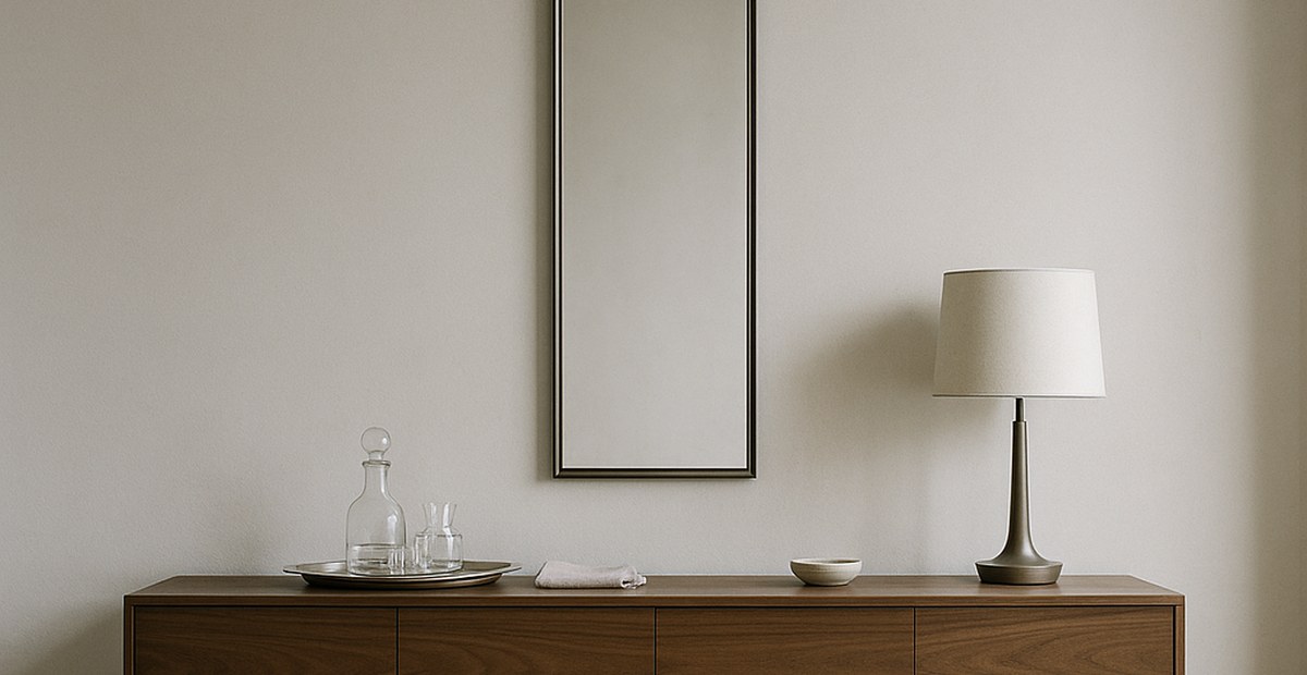 Sideboard an der Laengswand eines Esszimmers als Anrichte und Stauraum