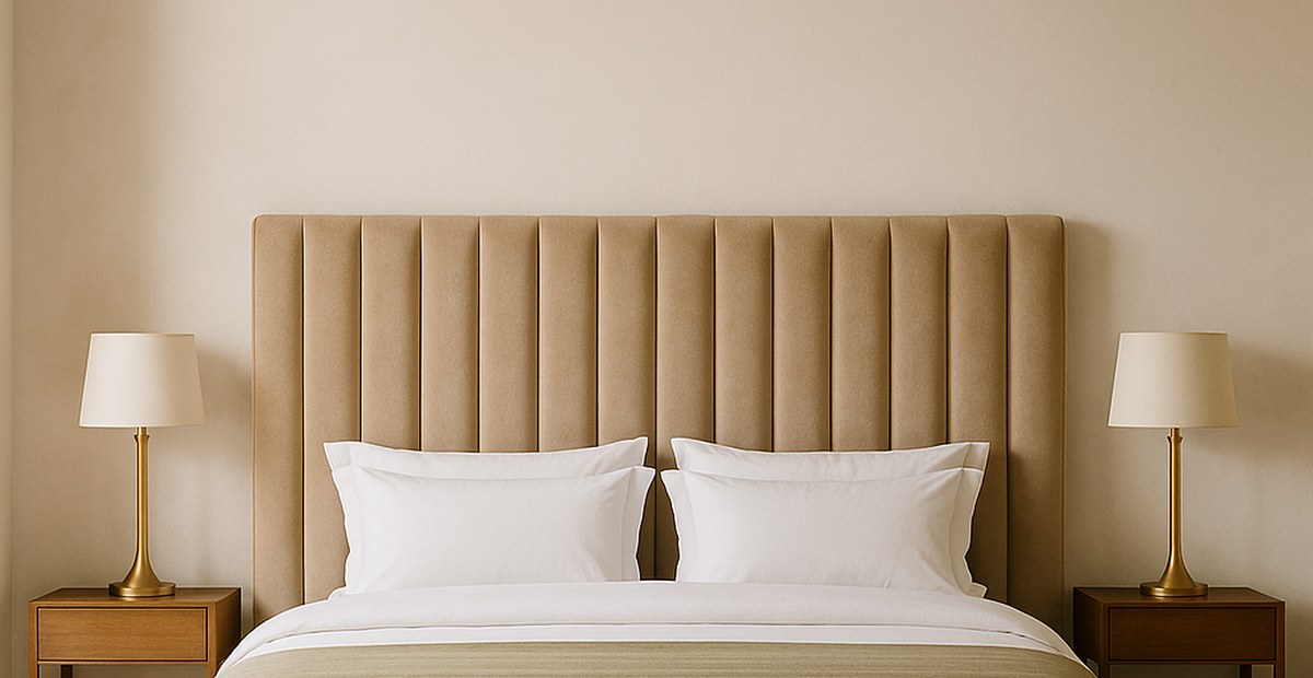 Luxus Schlafzimmer mit hohem gepolstertem Kopfteil und symmetrischen Nachttischen