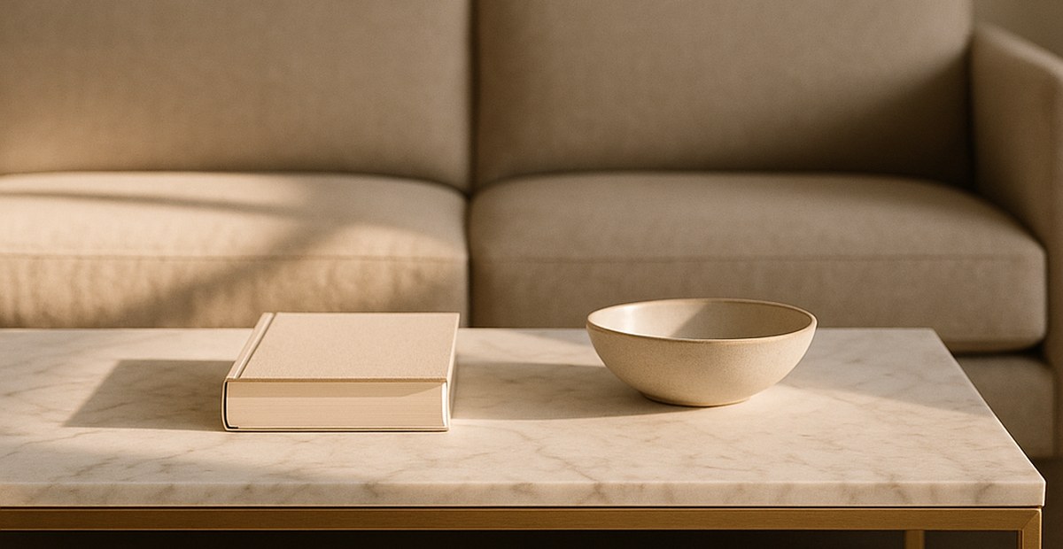 Couchtisch mit Marmorplatte und Messinggestell vor einem hellen Polstersofa