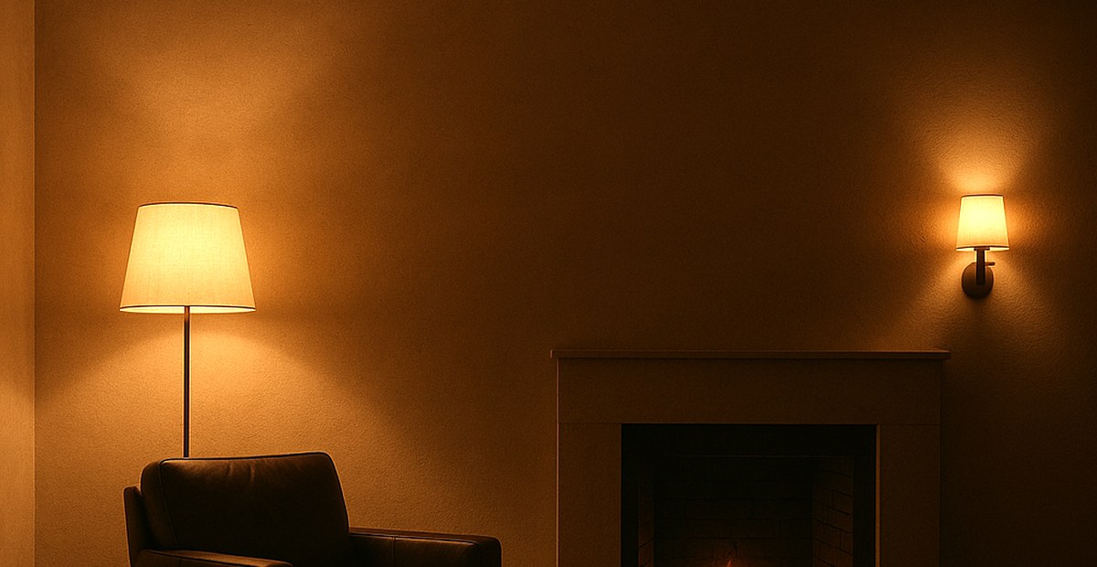 Wohnzimmer am Abend mit Stehleuchte hinter dem Sessel und Wandleuchten neben dem Kamin