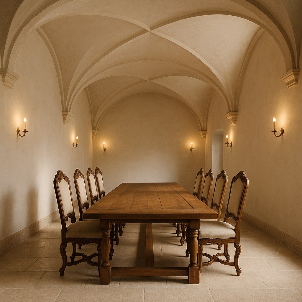 Luxusmöbel Graz: Gewölberaum mit Esstisch und Barock Stühlen von Casa Padrino