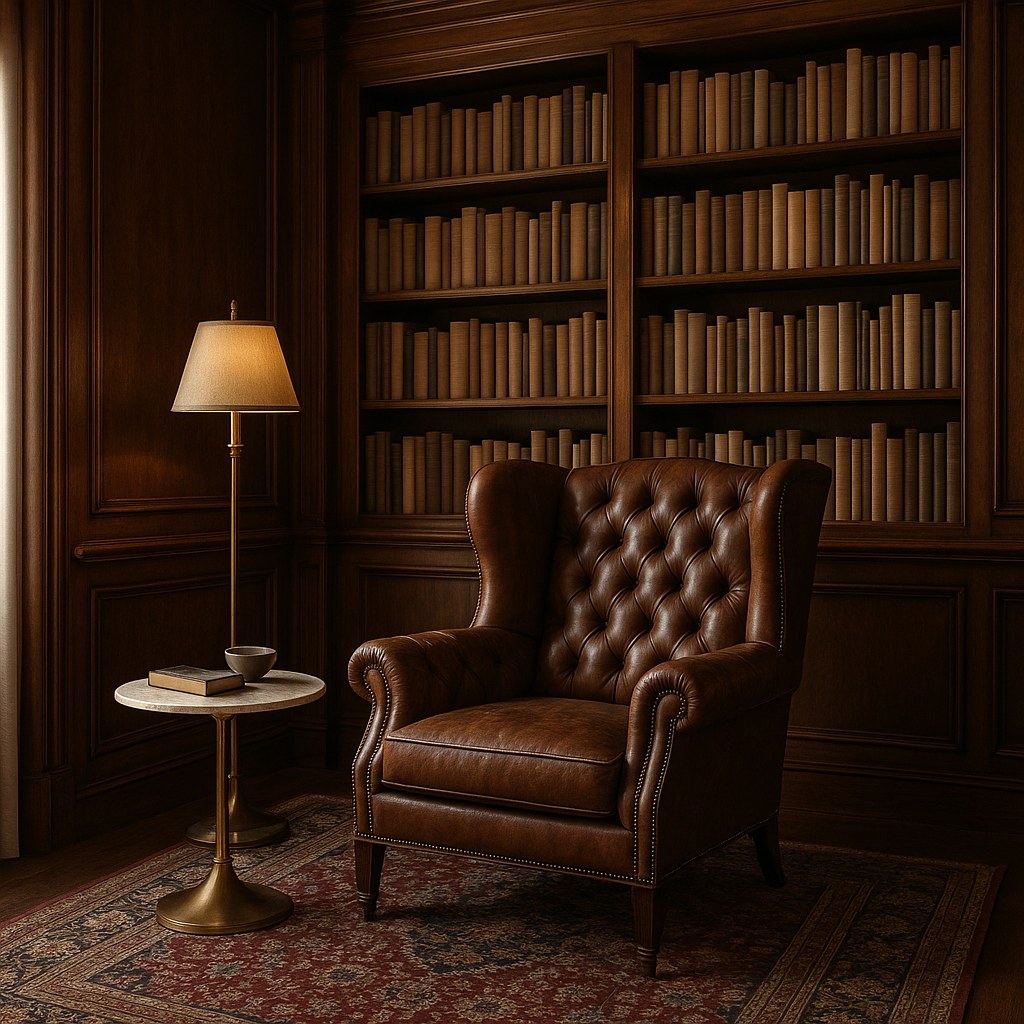 Luxusmöbel Grunewald Bibliothek mit Chesterfield Sessel von Casa Padrino