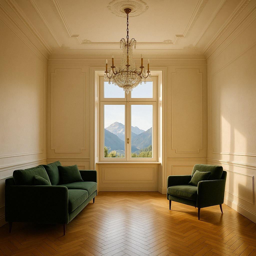 Luxusmöbel Innsbruck: Gründerzeit Salon in Saggen mit Kronleuchter von Casa Padrino