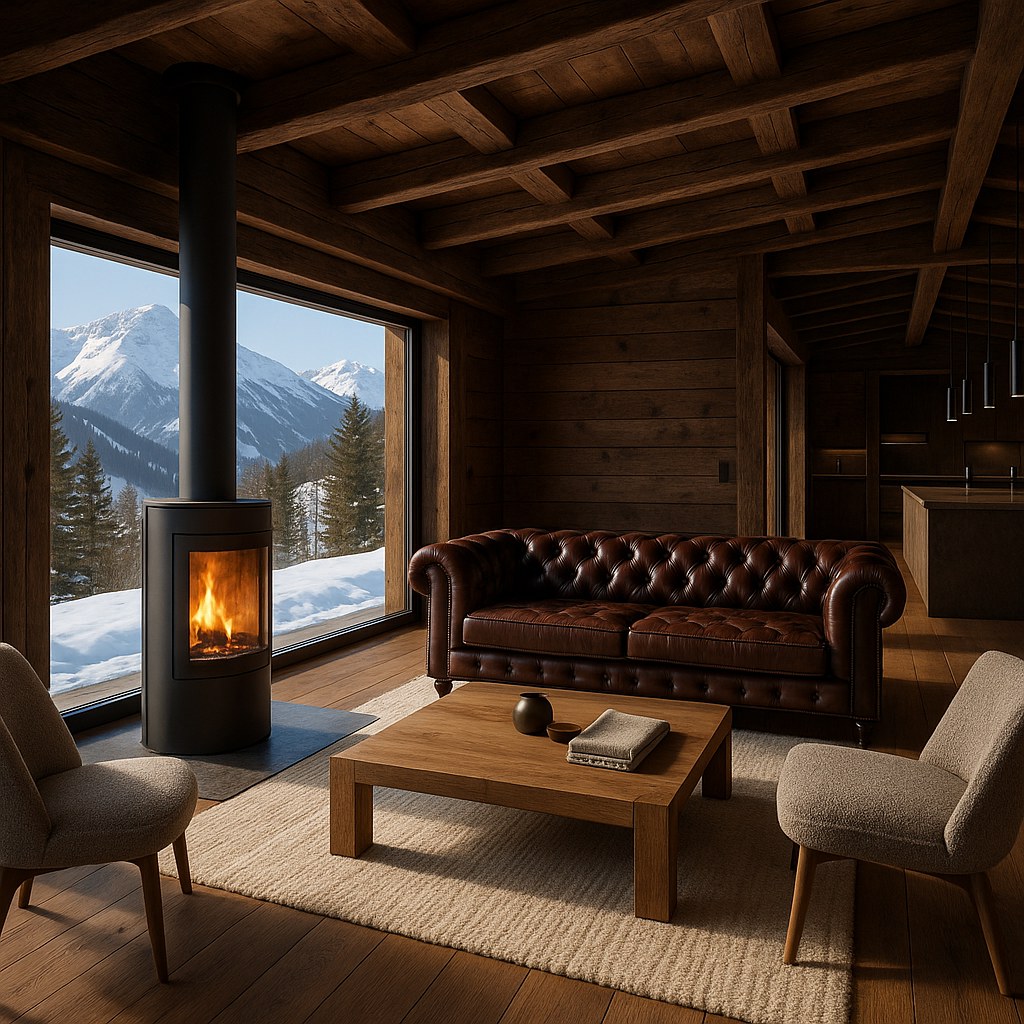 Luxusmöbel Kitzbühel: Chalet Wohnraum mit Kamin und Chesterfield Sofa von Casa Padrino