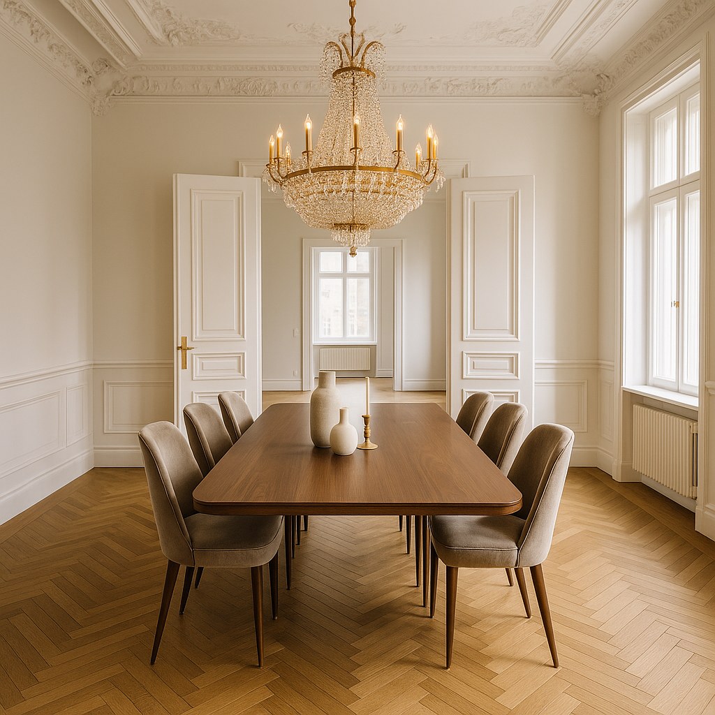 Luxusmöbel Leipzig: Elegantes Esszimmer mit Kronleuchter von Casa Padrino