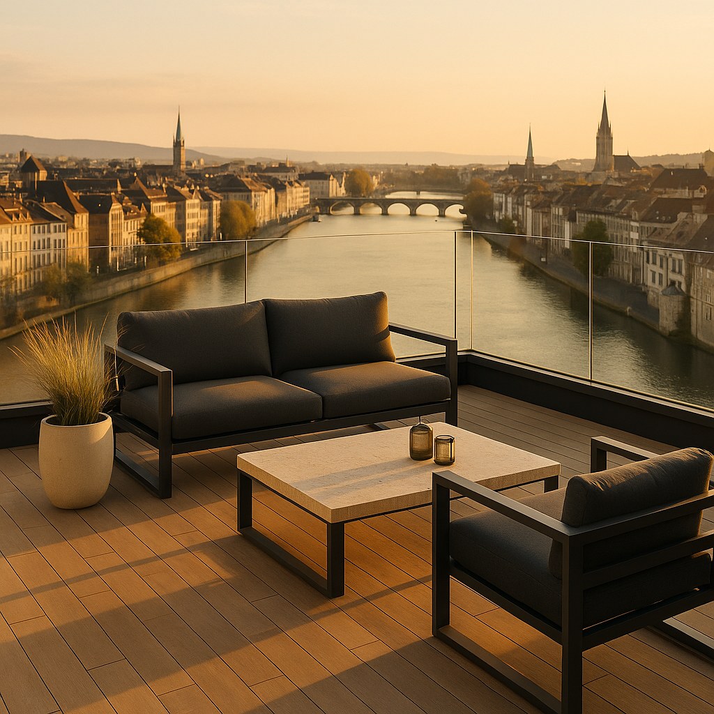 Luxusmöbel Linz: Dachterrasse über der Stadt mit Gartenmöbeln von Casa Padrino