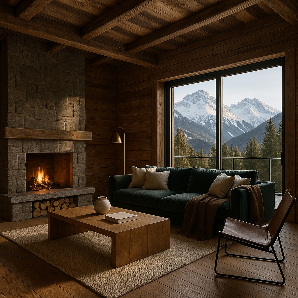 Luxusmöbel Österreich: Chalet Wohnraum mit Samt Sofa von Casa Padrino