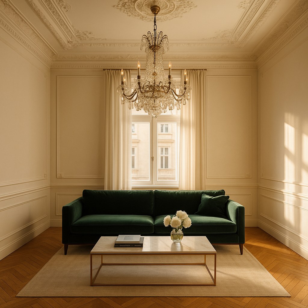 Luxusmöbel Österreich: Wiener Altbau Salon mit Kronleuchter von Casa Padrino