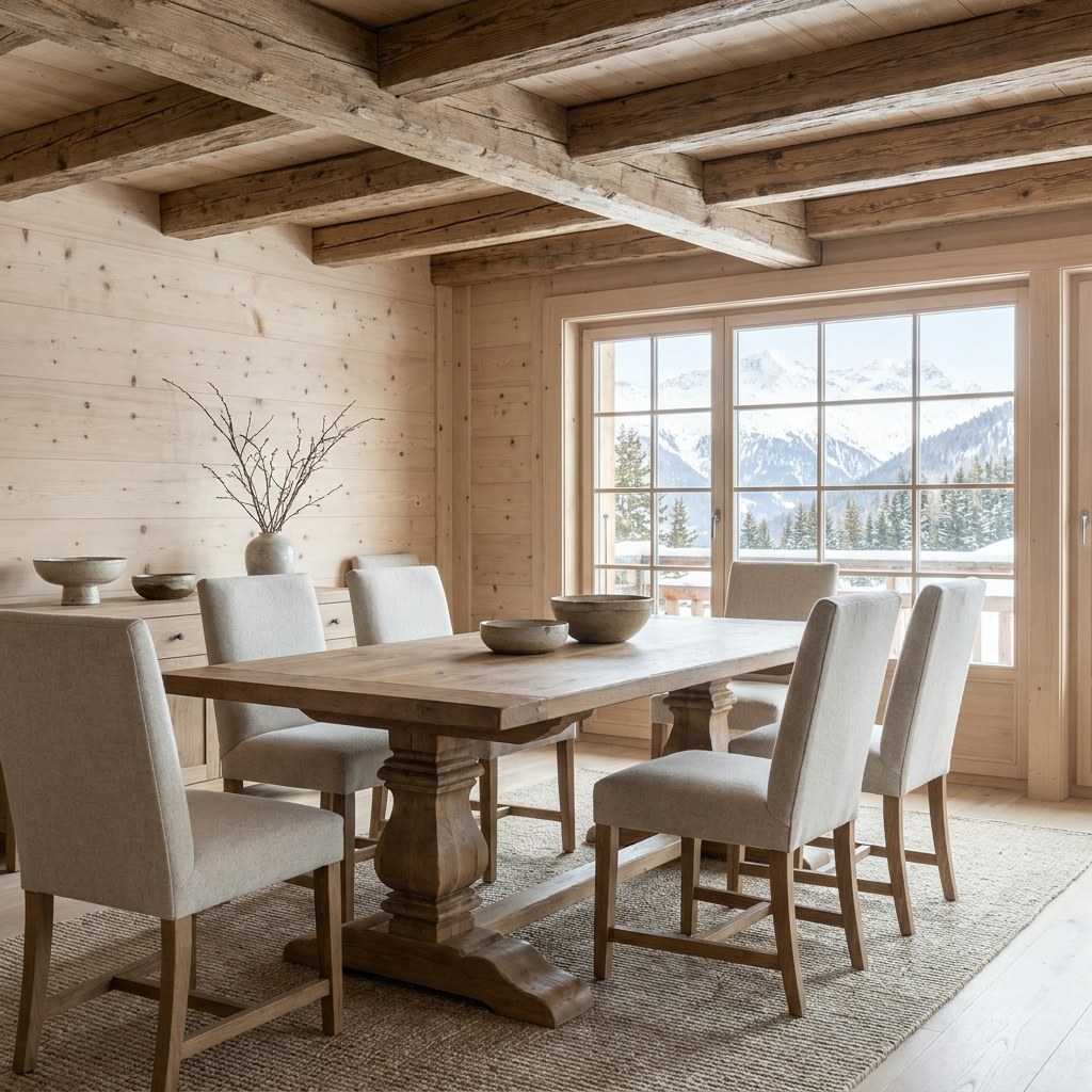 Esstisch aus Massivholz mit Stühlen in einem Schweizer Chalet von Casa Padrino