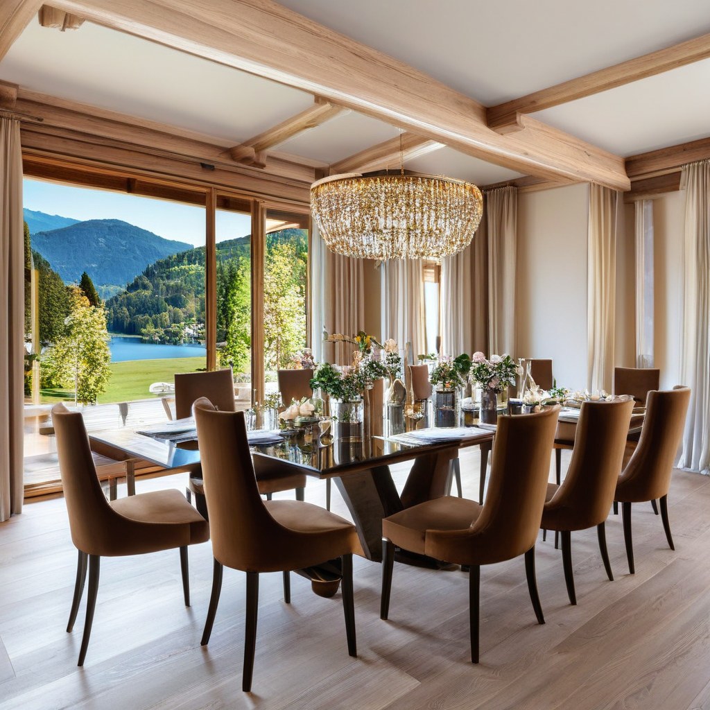 Luxusmöbel Tegernsee elegantes Esszimmer mit Kronleuchter von Casa Padrino