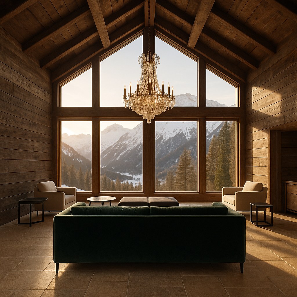 Luxusmöbel Tirol: Chalet Wohnraum mit Kronleuchter und Samt Sofa von Casa Padrino