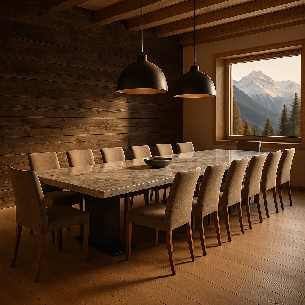 Luxusmöbel Tirol: Esszimmer im Chalet mit Altholz und langem Luxus Esstisch von Casa Padrino