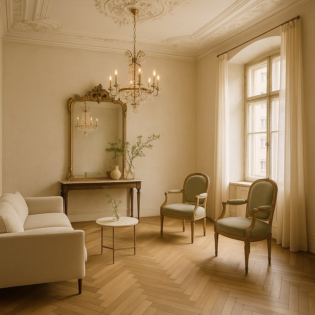 Luxusmöbel Tirol: Innsbrucker Altbau Salon mit Barock Spiegel und Kronleuchter von Casa Padrino