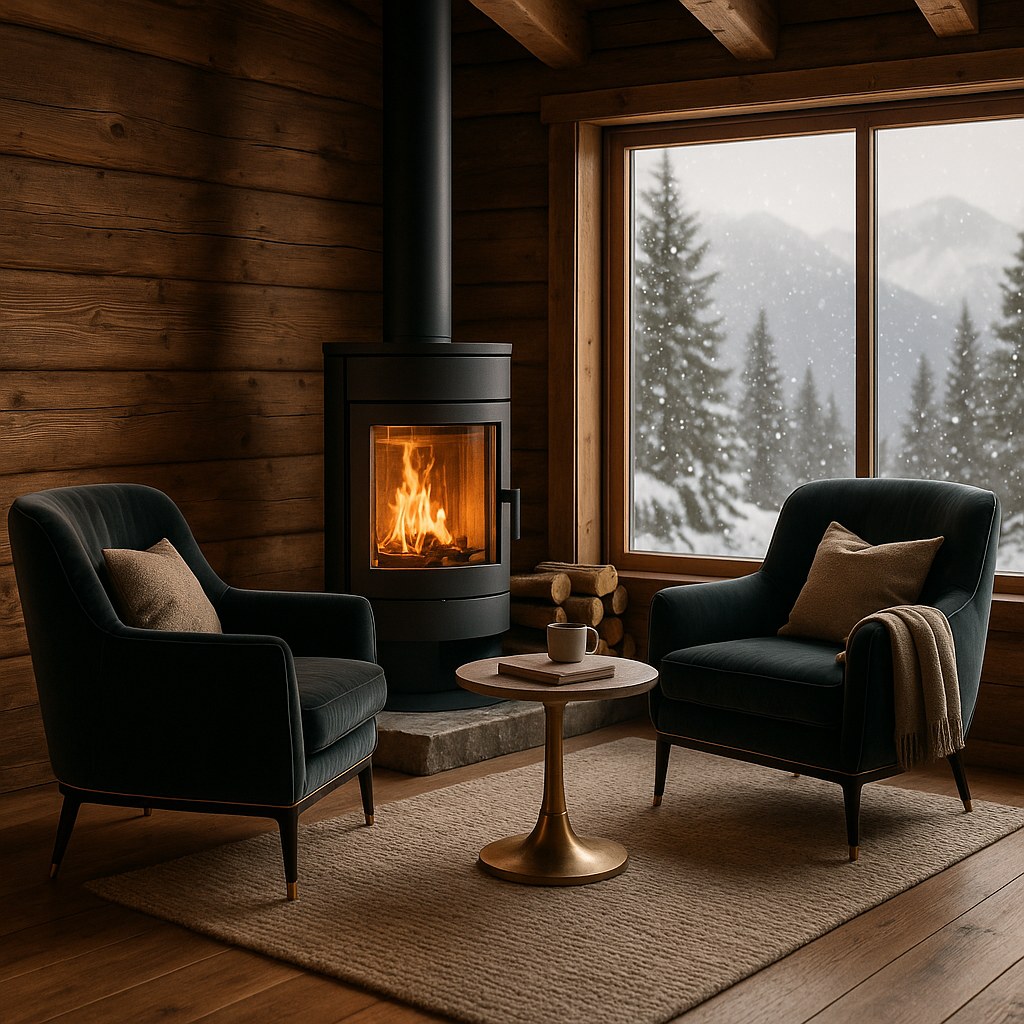 Luxusmöbel Tirol: Sitzgruppe mit Samt Sesseln am Kamin im Chalet von Casa Padrino
