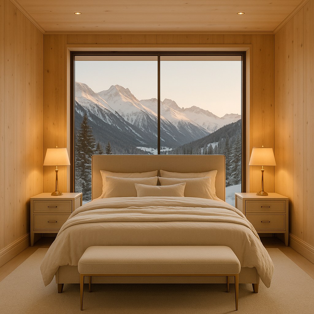 Luxusmöbel Tirol: Schlafzimmer mit Luxus Bett und Blick auf die Berge von Casa Padrino