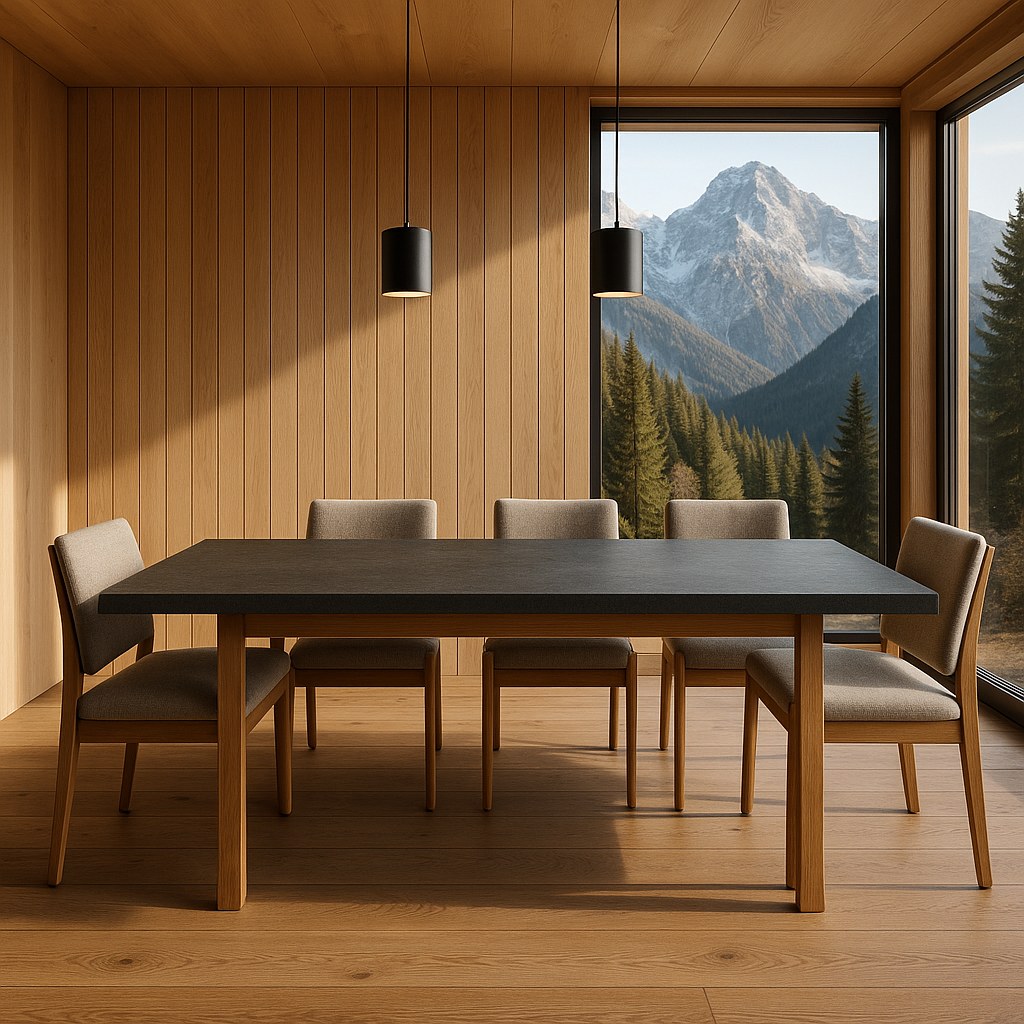 Luxusmöbel Vorarlberg: Esszimmer mit Steinplatte vor Holzwand von Casa Padrino