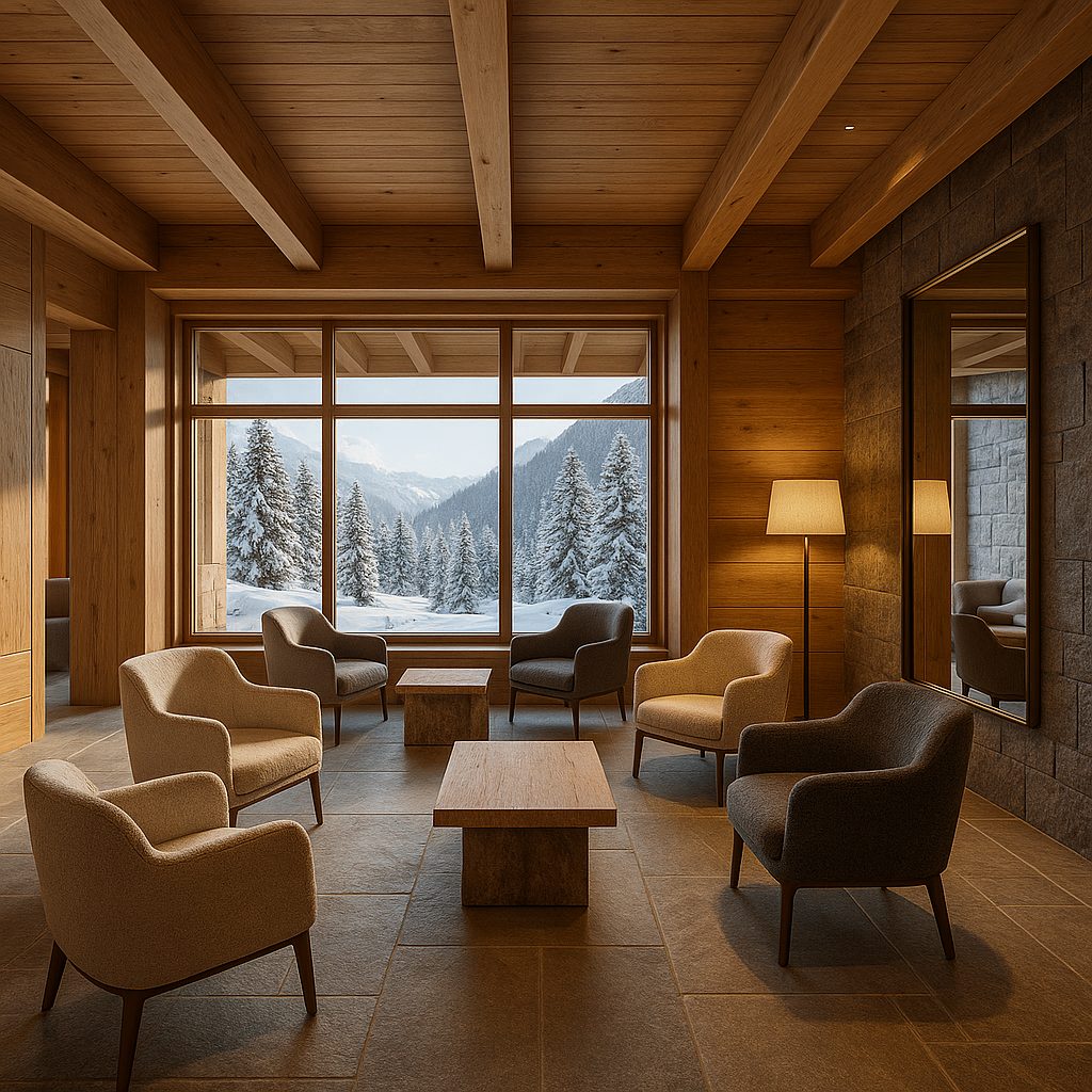 Luxusmöbel Vorarlberg: Hotellobby am Arlberg mit Loungesesseln von Casa Padrino