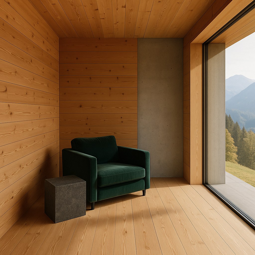 Luxusmöbel Vorarlberg: Moderner Holzbau mit Samt Sessel von Casa Padrino