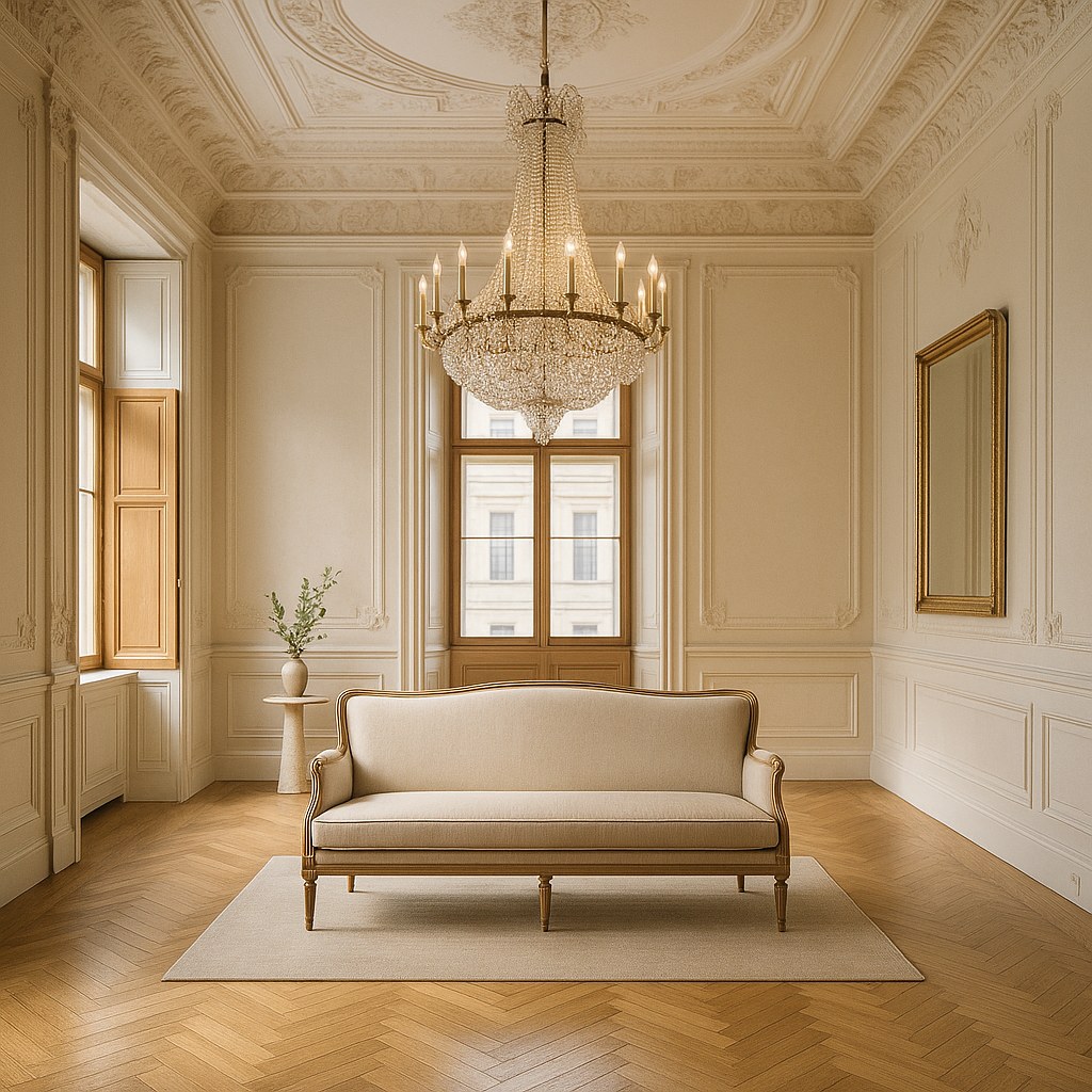 Luxusmöbel Wien: Beletage mit Stuckdecke und Kronleuchter von Casa Padrino
