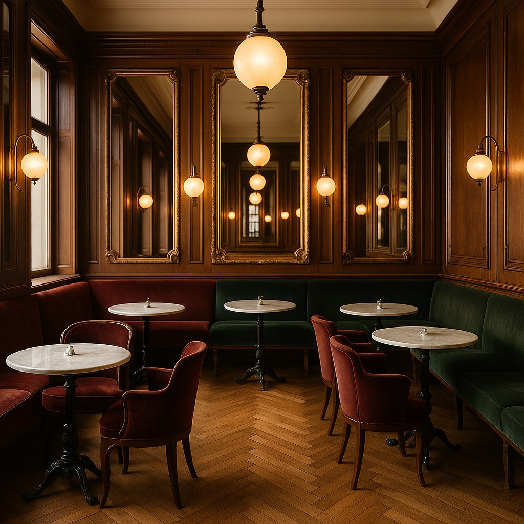 Luxusmöbel Wien: Kaffeehaus Interieur mit Samt Sesseln von Casa Padrino