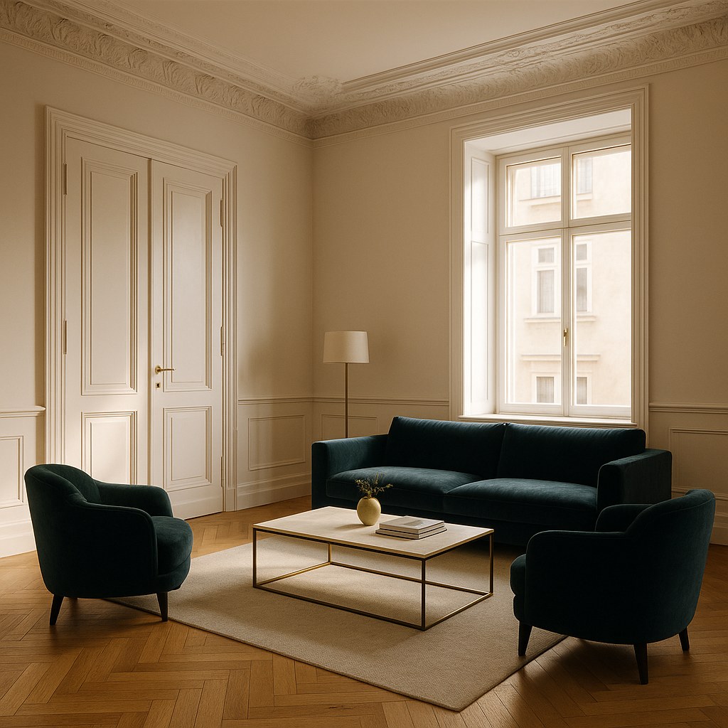 Luxusmöbel Wien: Zinshaus Salon mit Fischgrätparkett und Samt Sofa von Casa Padrino