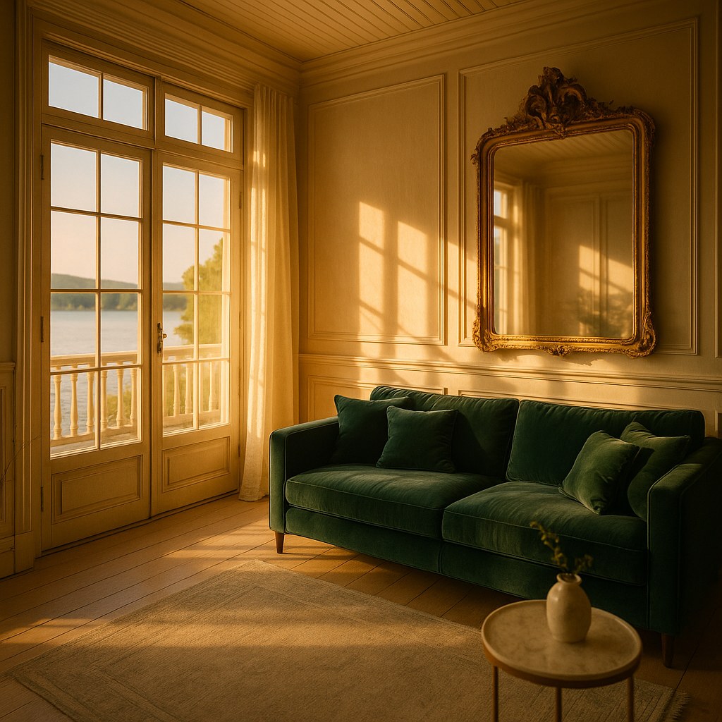 Luxusmöbel Wörthersee: Seevilla Salon mit Blick aufs Wasser von Casa Padrino