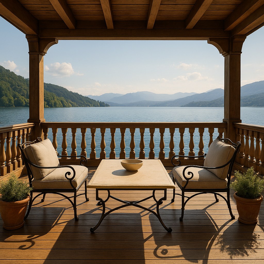 Luxusmöbel Wörthersee: Veranda mit Gartenmöbeln und Seeblick von Casa Padrino