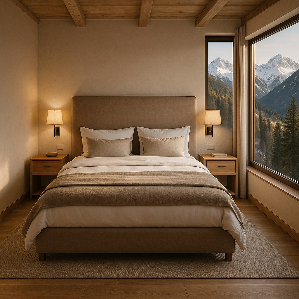 Luxusmöbel Zell am See: Schlafzimmer mit Bergblick und Luxus Bett von Casa Padrino