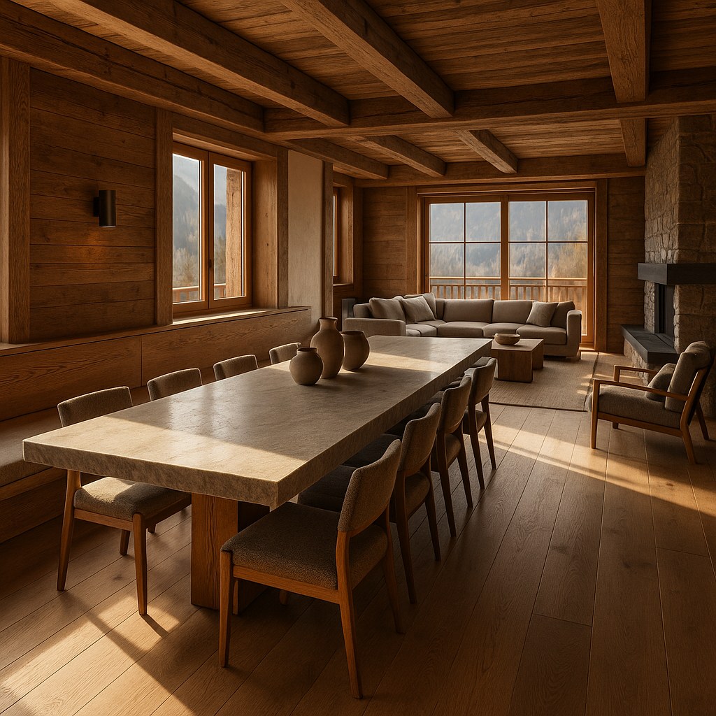 Luxusmöbel Zell am See: Wohnzimmer mit Sitzbank und langem Tisch von Casa Padrino