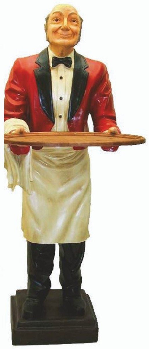 Skulptur Mensch lebensgroß: Butler mit Tablett in Rot und Weiß, 180 cm, von Casa Padrino