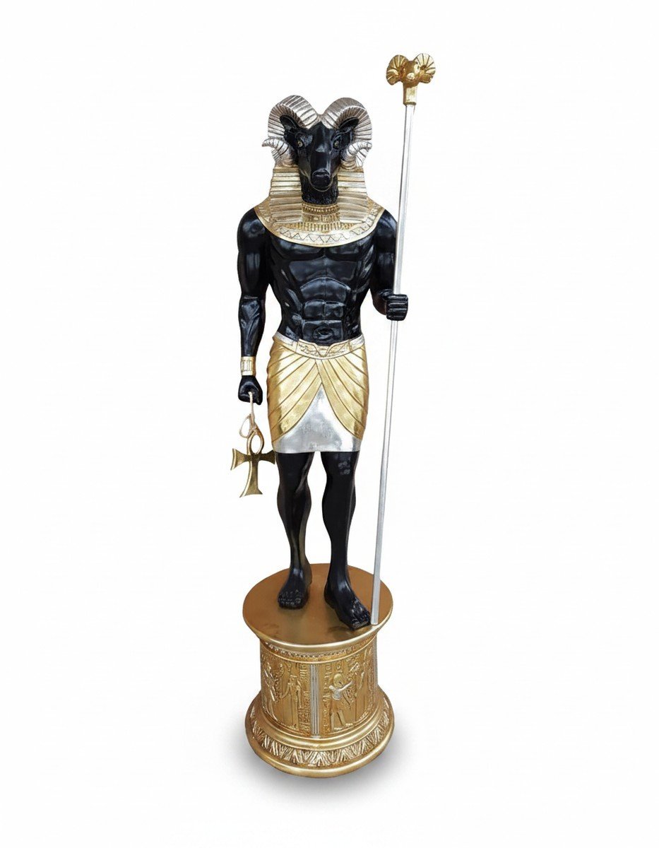 Skulptur Mensch lebensgroß: Statue Khnoum mit Widderkopf, Schwarz und Gold, 230 cm, von Casa Padrino