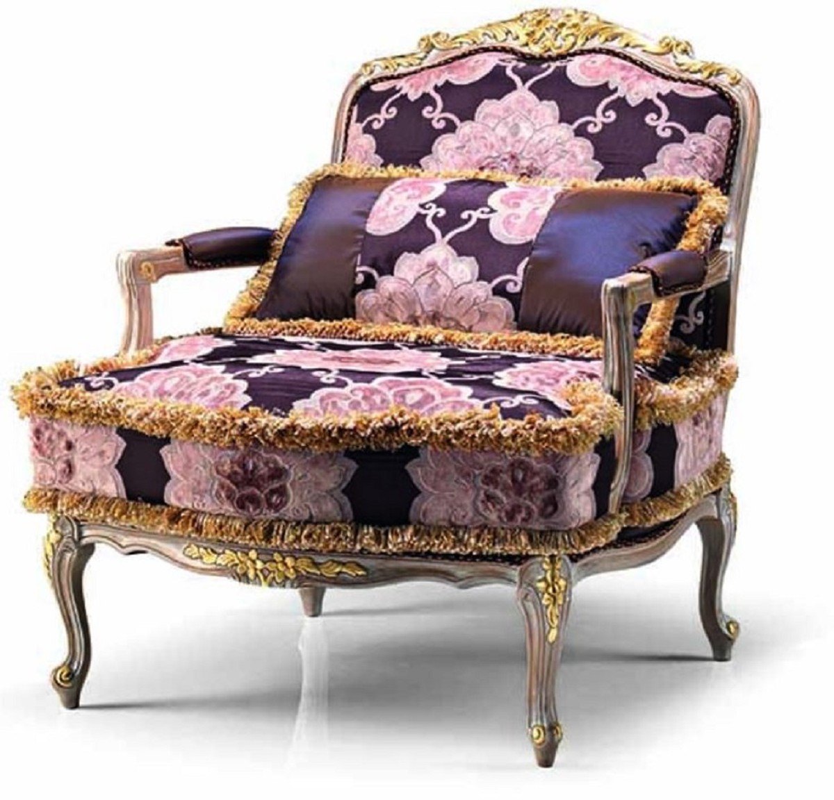 Neobarock Sessel in Lila und Grau mit goldenem, geschnitztem Rahmen, Luxus Barockstil Möbel von Casa Padrino