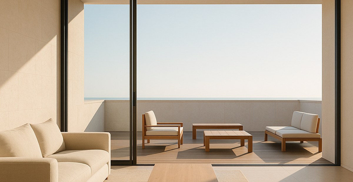 Uebergang vom Wohnraum auf die Dachterrasse mit gleicher Moebellinie