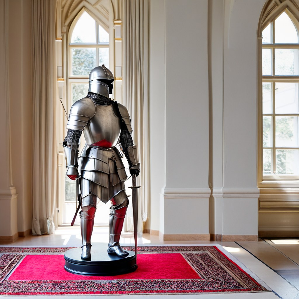 Prunkvolle Ritterrüstung aus Eisen in Antik Silber als Blickfang in einer Schlosshalle von Casa Padrino