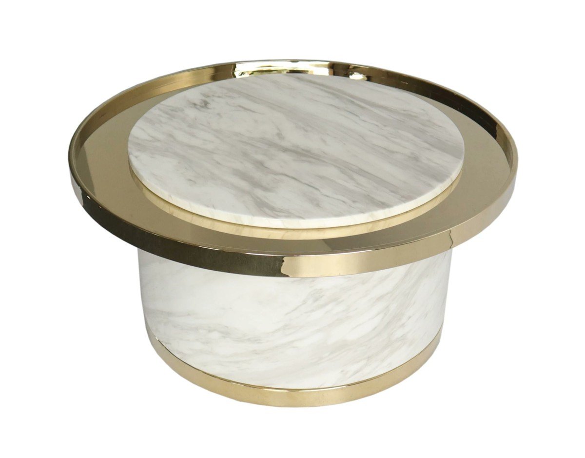 Runder Couchtisch in Weiß und Gold aus Marmor mit Edelstahl, Ø 80 x H. 38 cm, von Casa Padrino