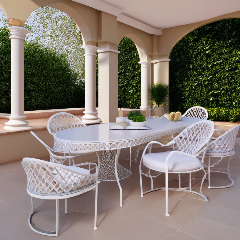 Weiße Schmiedeeisen Gartenmöbel Sitzgruppe auf einer eleganten Terrasse von Casa Padrino