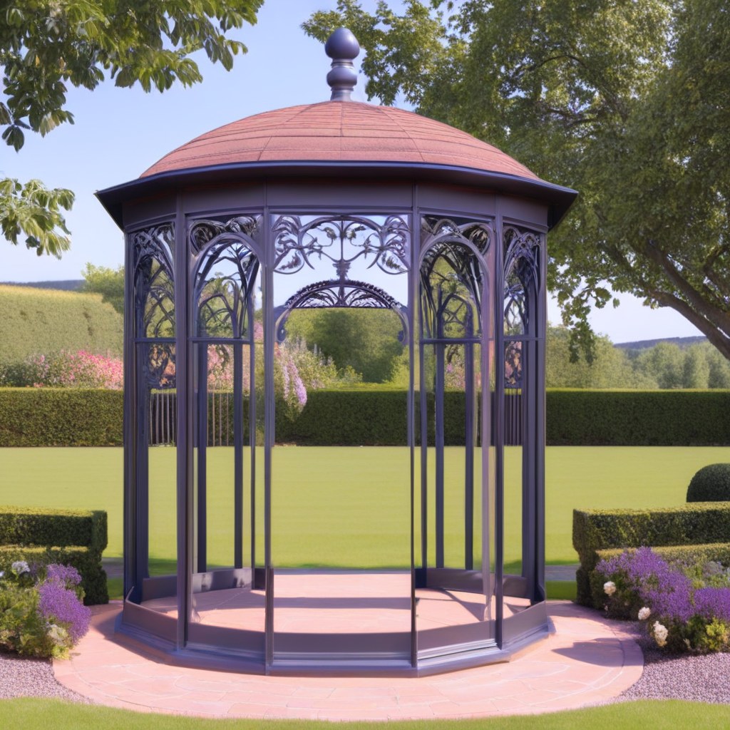 Schmiedeeiserner Gartenpavillon mit kunstvollem Kuppeldach im herrschaftlichen Schlossgarten von Casa Padrino
