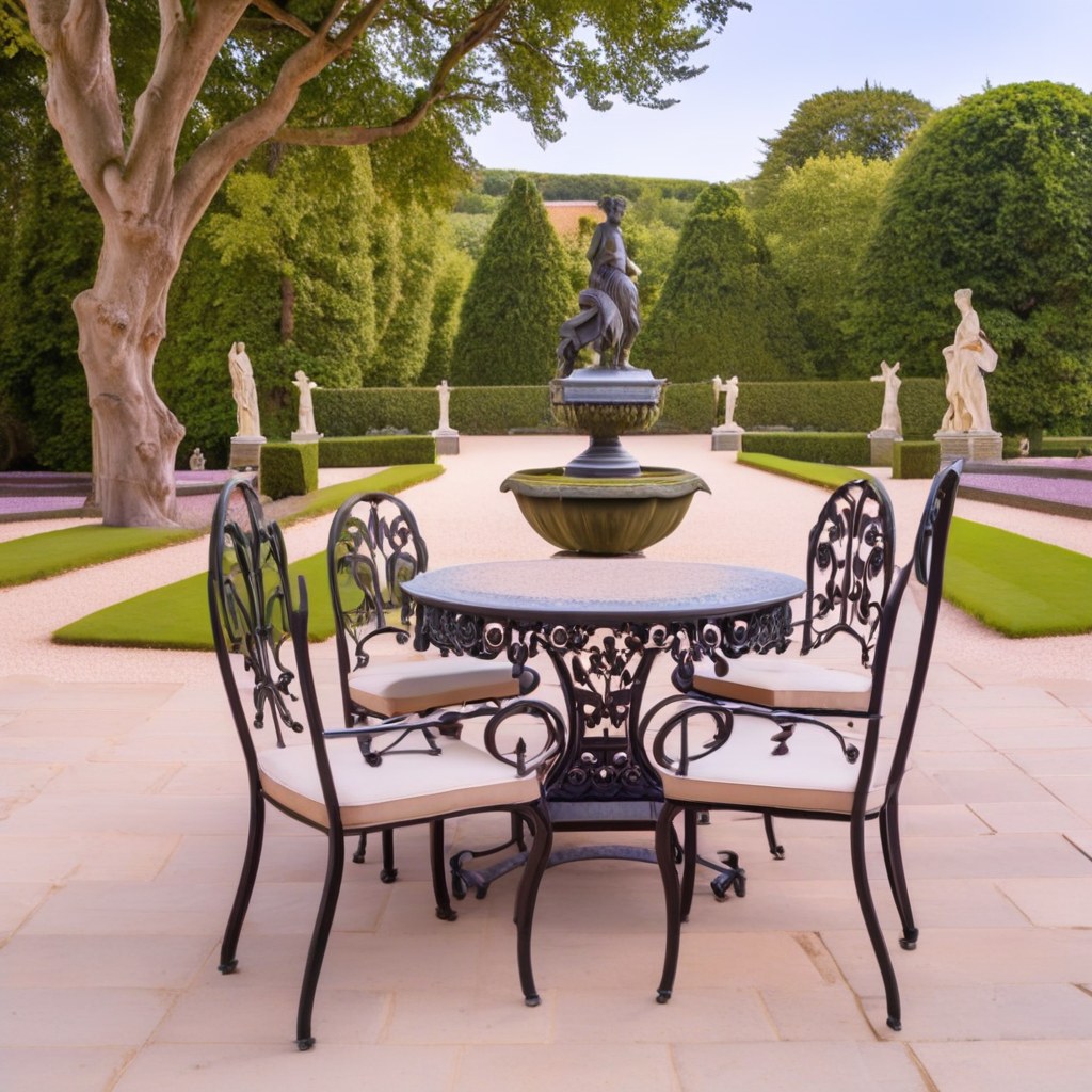 Schmiedeeisen Gartentisch mit Stühlen in einem Schlosspark von Casa Padrino