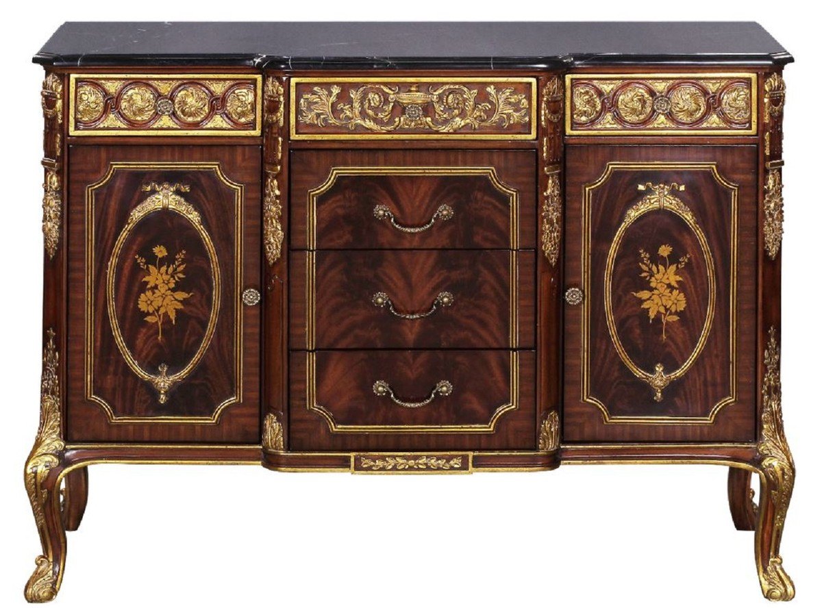 Sideboard Gold als Barock Kommode aus Massivholz mit Marmorplatte in Dunkelbraun, Gold und Schwarz von Casa Padrino