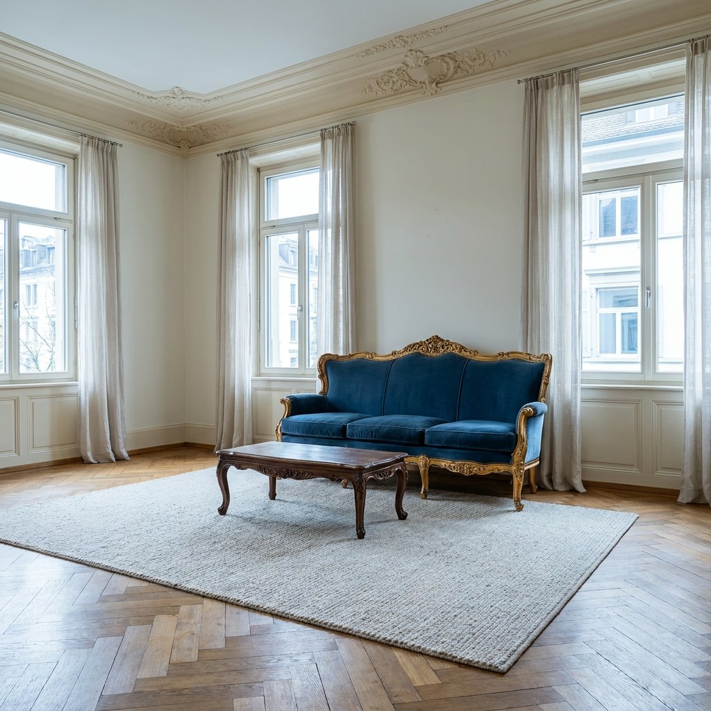 Sofa kaufen in der Schweiz: Samtsofa mit geschnitztem Rahmen in einer Zürcher Altbauwohnung von Casa Padrino