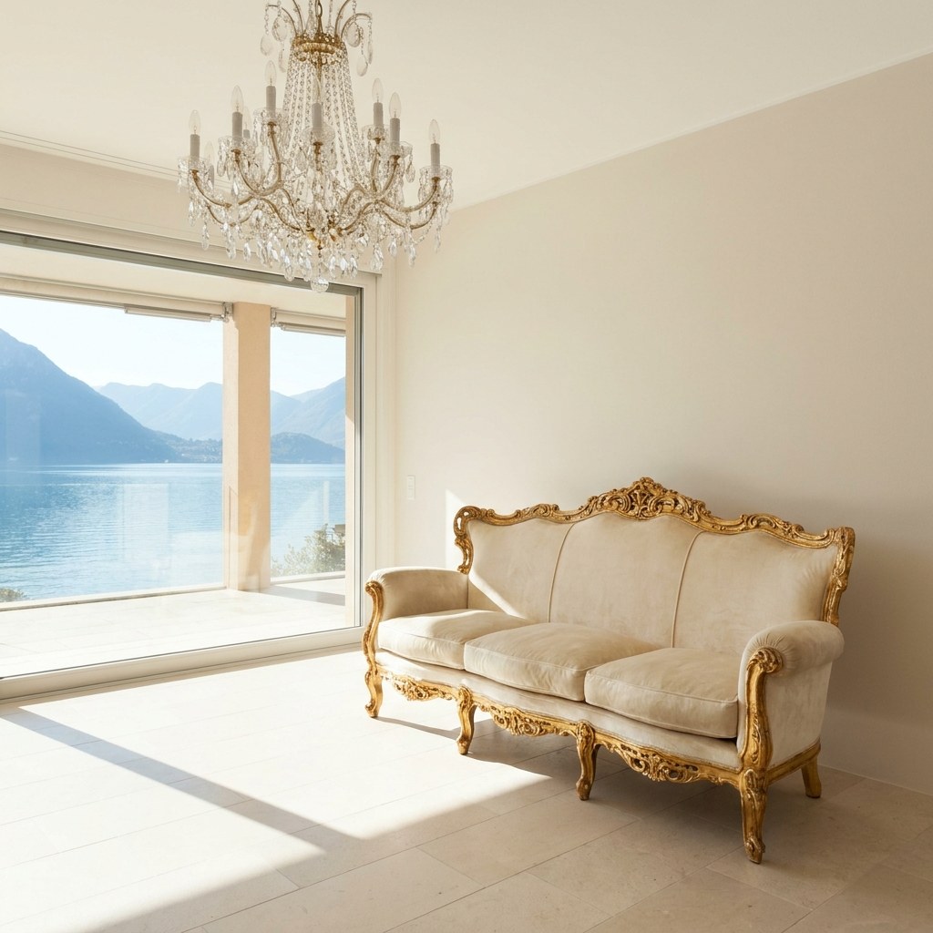 Sofa kaufen Schweiz: vergoldetes Barocksofa in einer Villa mit Blick auf den Genfersee von Casa Padrino