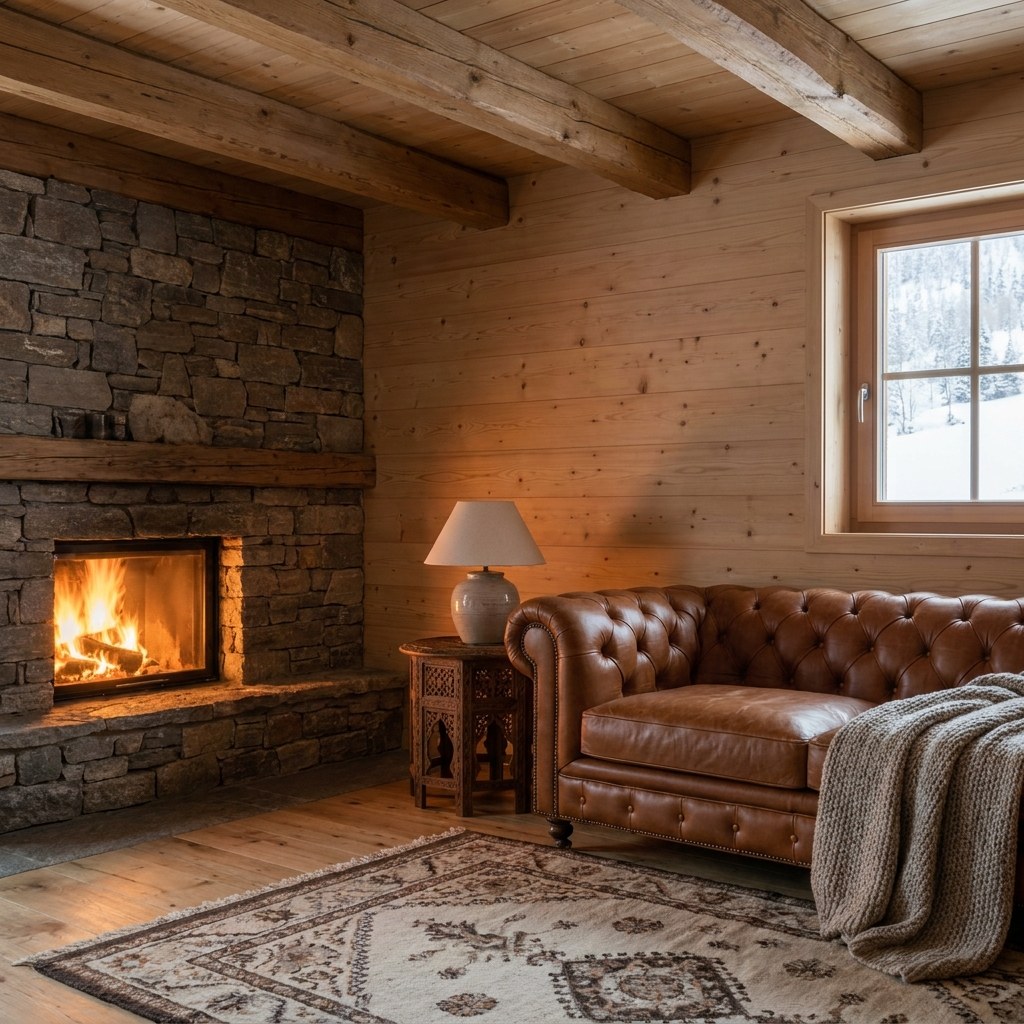 Sofa kaufen Schweiz: Chesterfield Sofa aus Leder in einem Chalet mit Täfer und Holzdecke von Casa Padrino